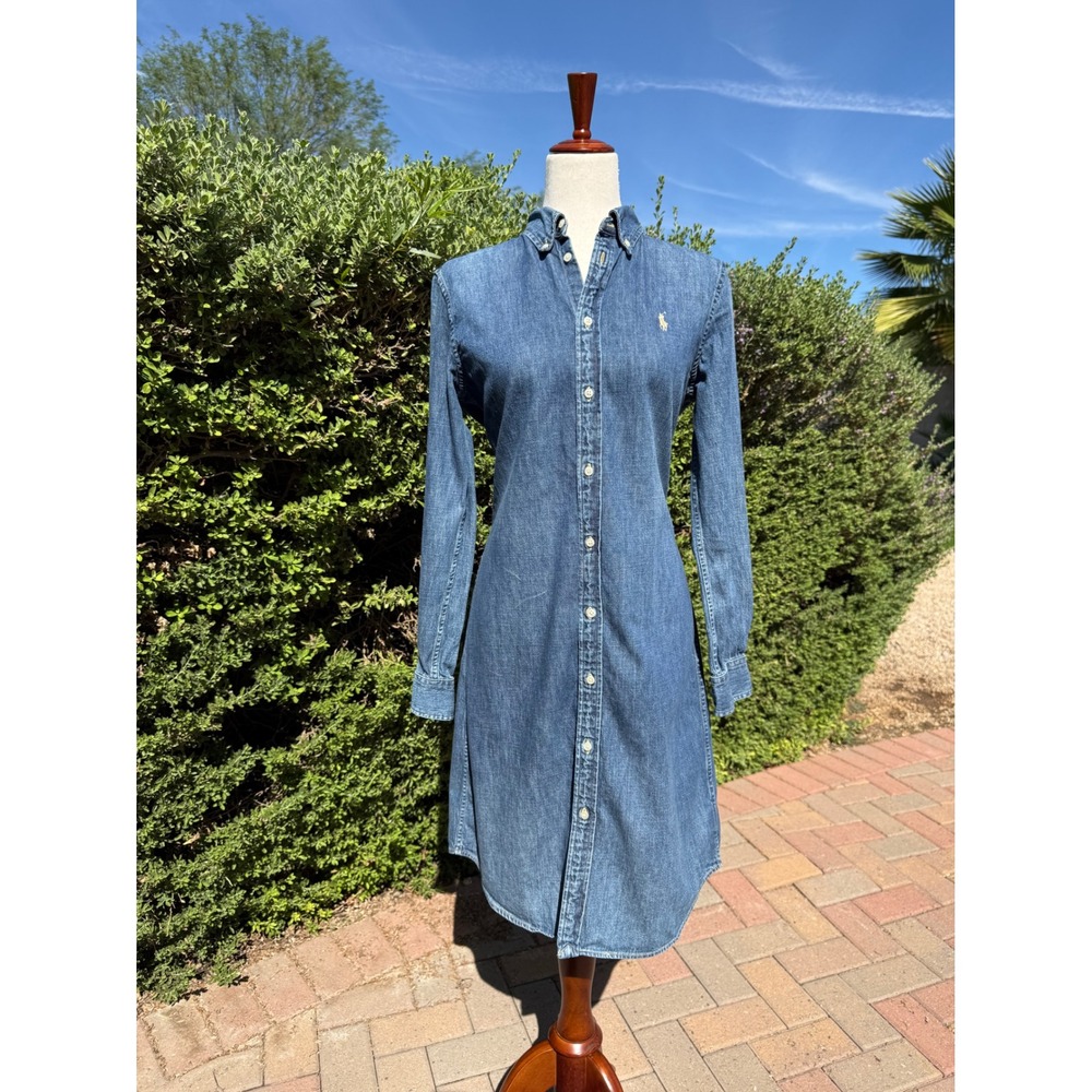 Polo Ralph Lauren Blue Denim Button-Down Midi Shirt Dress Sz M Long Sleeve $325